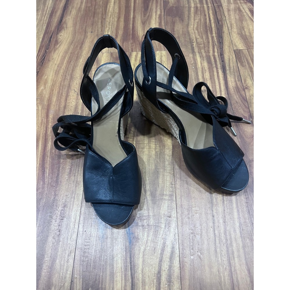 Aerosoles Black Lace Up Espadrille Wedge Sandals Women's 6 Open Toe Slingback‎